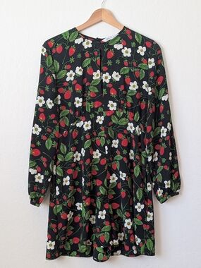 Zara Black Floral Strawberry Print Long Sleeve Shorts Romper Size Large 🍓